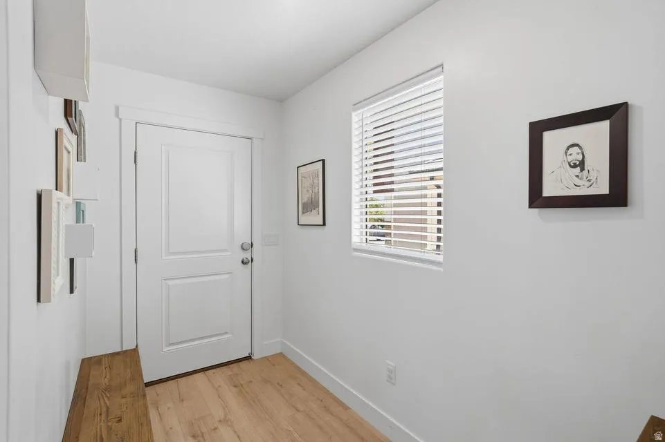 Entryway featuring a paneled door, wood-finish flooring, white baseboards, and a window with blinds