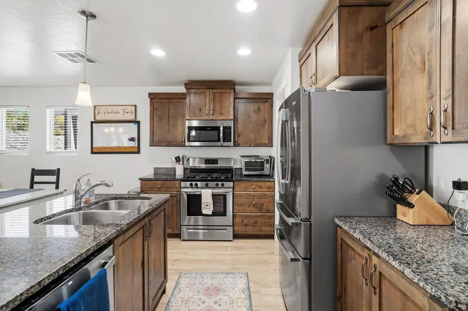 Kitchen featuring wood cabinetry, stainless steel appliances, speckled stone countertops, a double basin sink, and recessed lighting