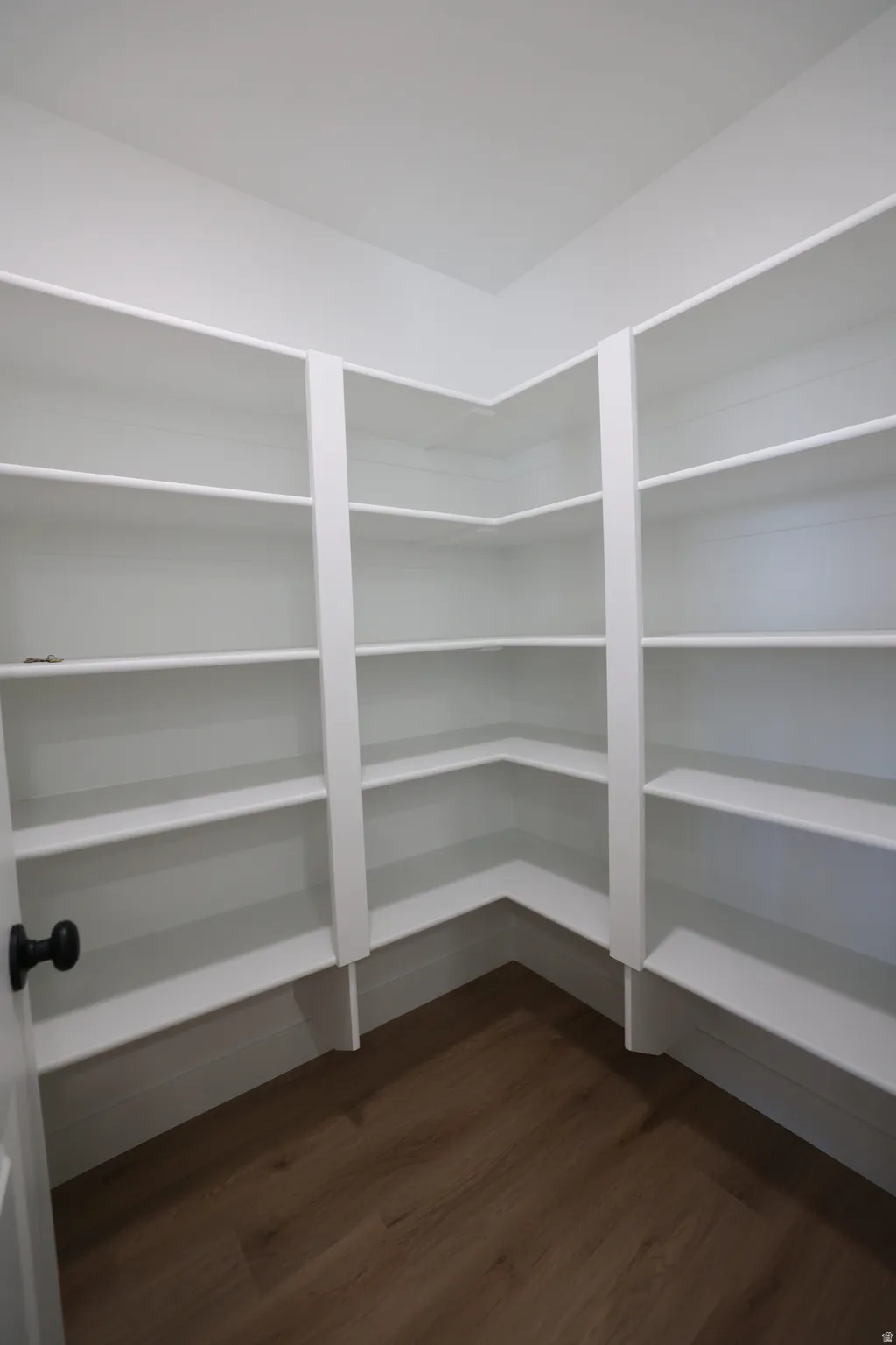 Corner pantry with extensive white shelving, wood-finish flooring, and a dark hardware door