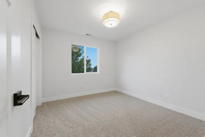 Room featuring neutral tone carpeting, white walls, and a single window with white trim