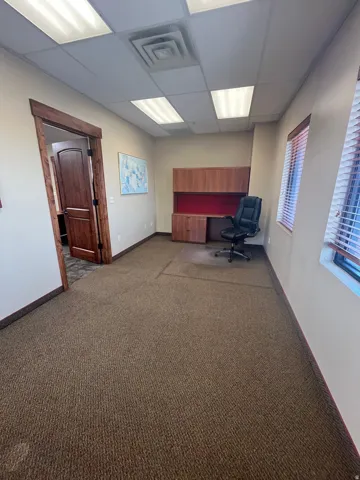 Private office space featuring textured carpet flooring, built-in wood-finish cabinetry, and recessed lighting