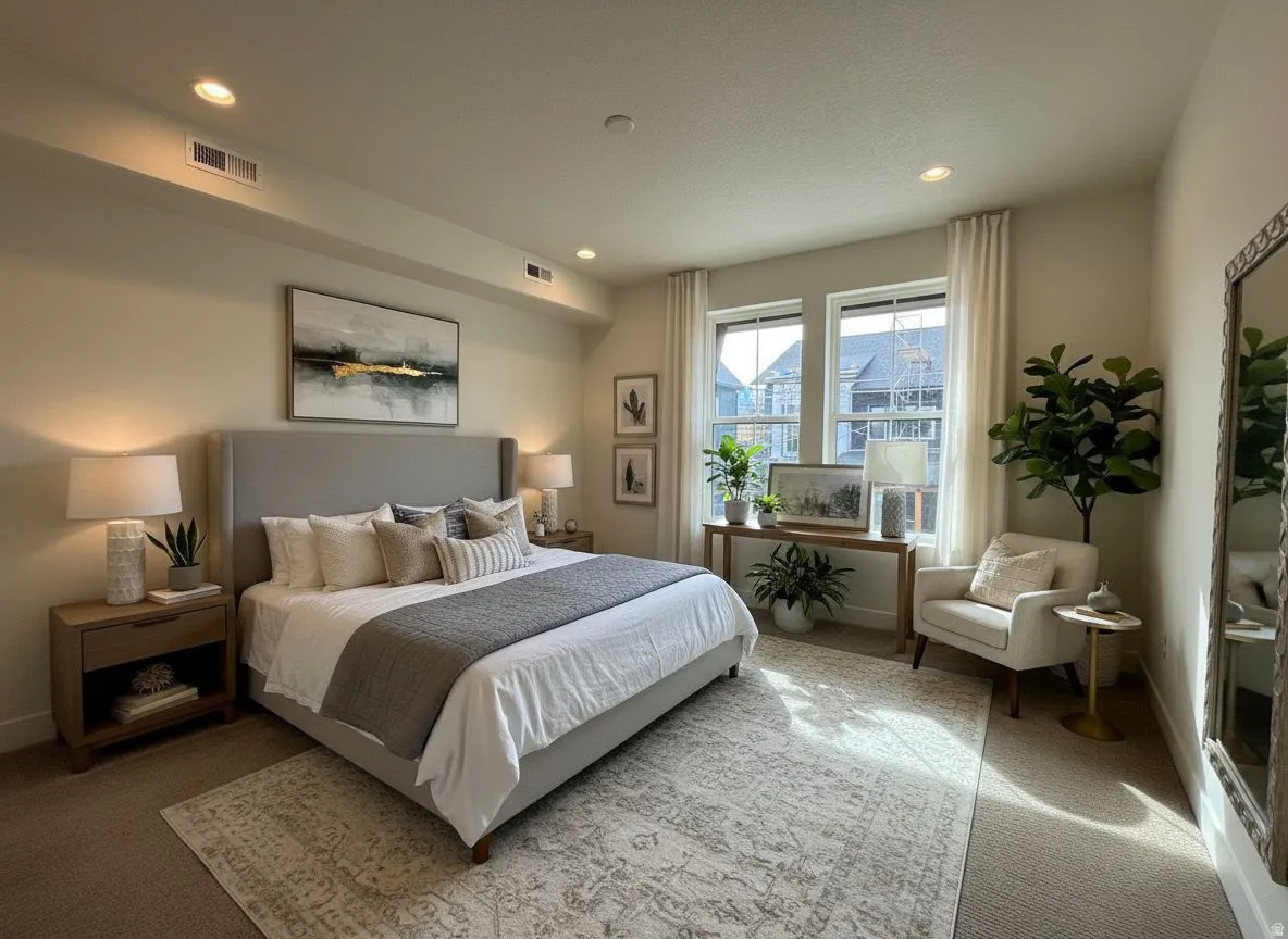 Inviting bedroom featuring a neutral color palette, recessed lighting, and dual windows with white drapery