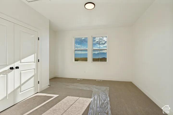 Interior space featuring neutral wall-to-wall carpeting, double doors with matte black hardware, dual pane windows, and a flush-mount overhead light fixture