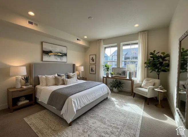 Inviting bedroom featuring a neutral color palette, recessed lighting, and dual windows with white drapery