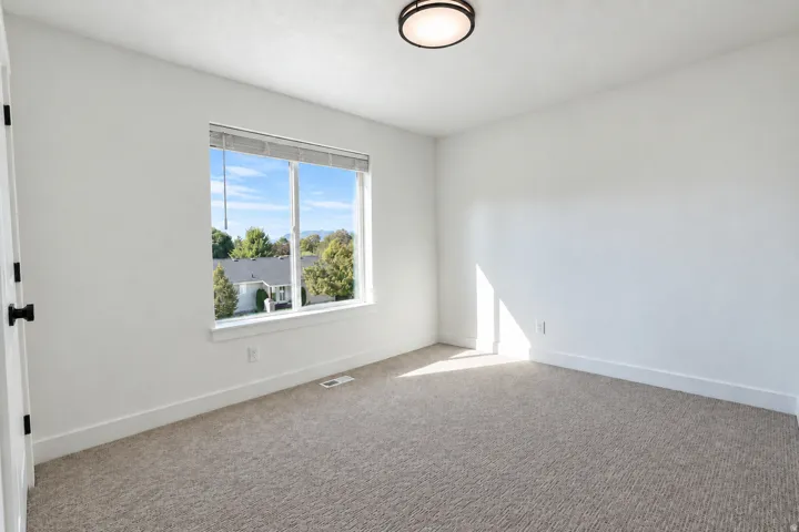 Wall-to-wall carpeting, window with blinds, surface-mount ceiling light, and matte black door hardware