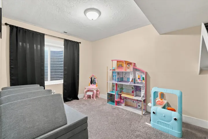 Carpeted room featuring a window with blinds, a flush mount ceiling light fixture, and neutral wall paint
