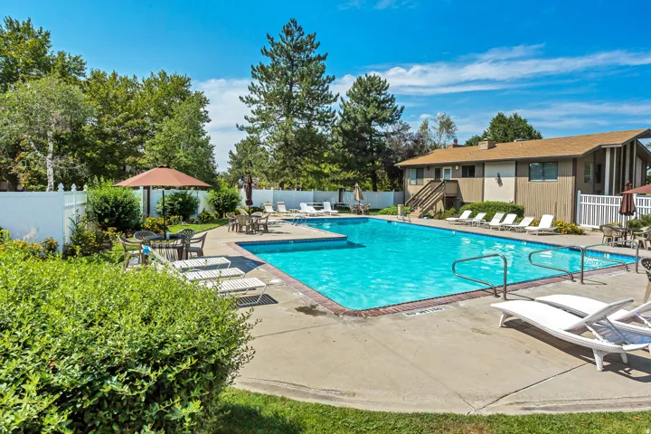 Expansive pool area with large swimming pool, multiple loungers, and privacy fencing