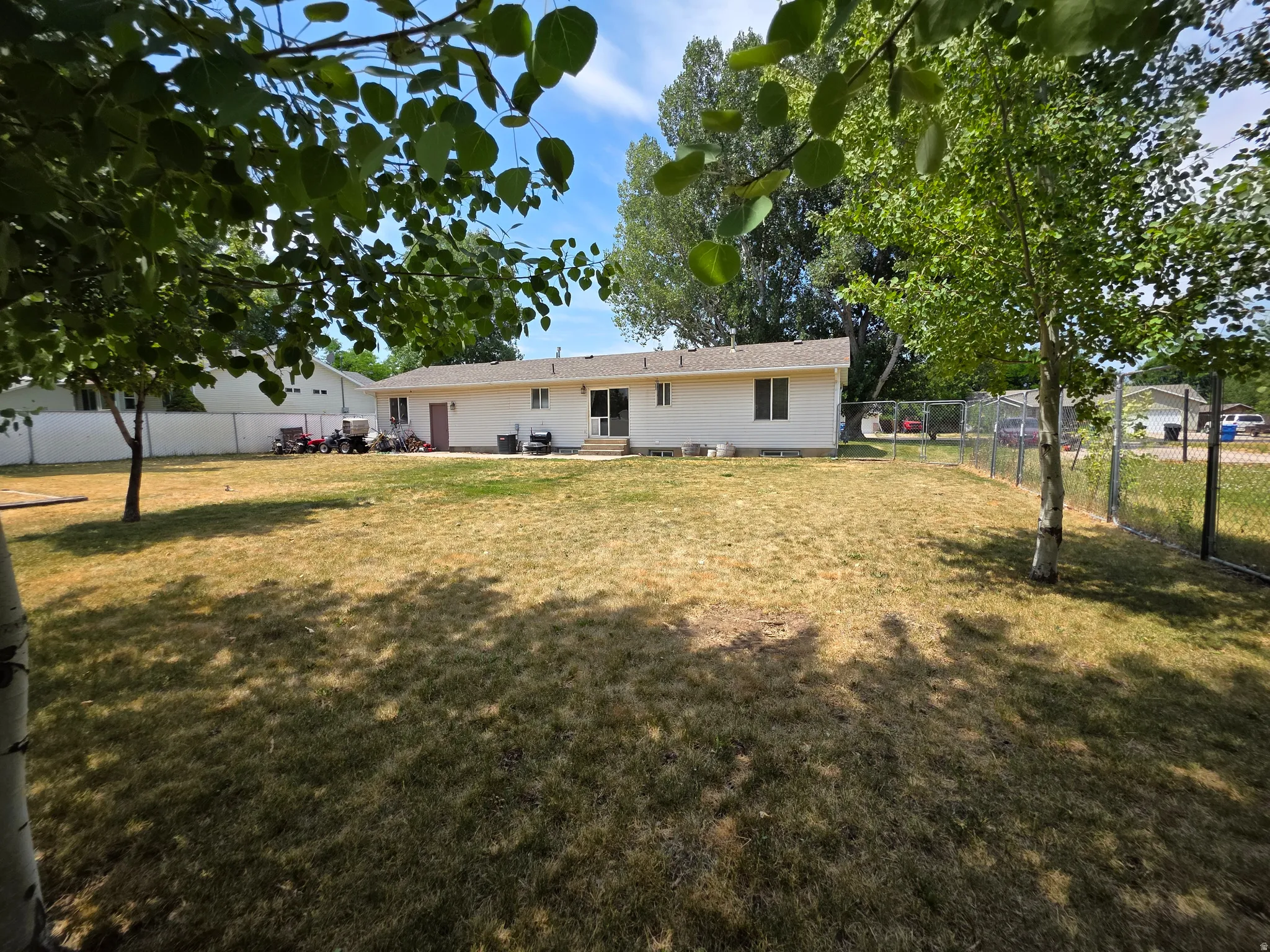 Expansive backyard space with a chain link fence and mature trees