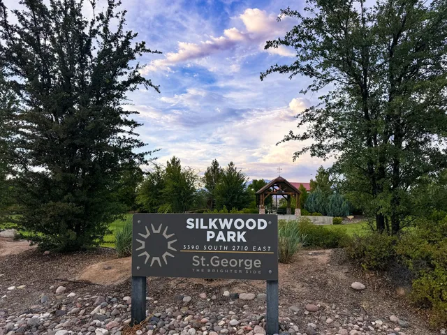 Silkwood Park entrance sign with established landscaping