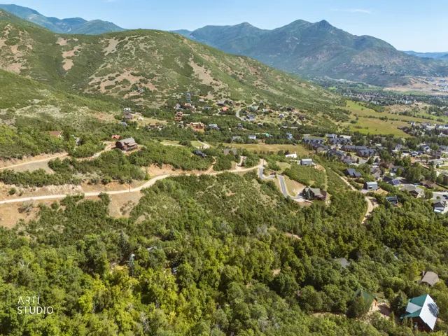 Expansive mountainous terrain featuring scattered residential properties, mature green foliage, and winding roads