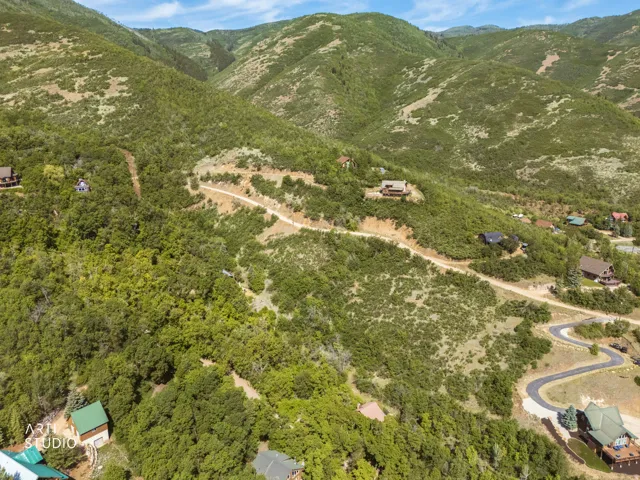 Mountainous terrain featuring diverse vegetation and scattered residential properties
