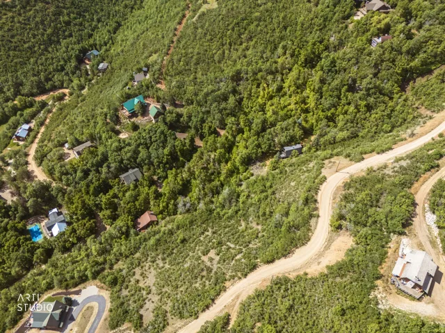 Wooded hillside featuring multiple residences and unpaved roadways