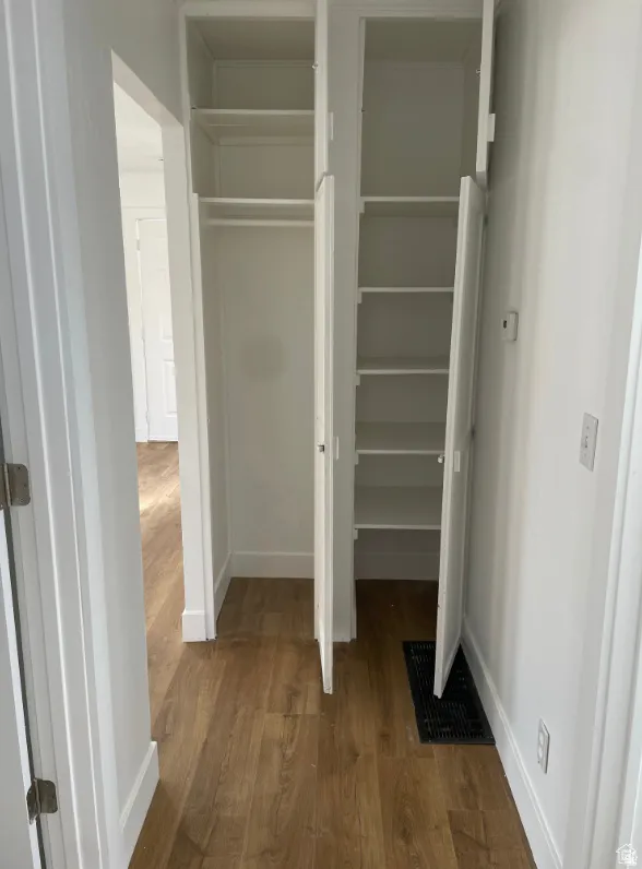Built-in hallway storage featuring a hanging rod and adjustable shelving