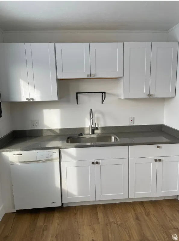 Kitchen featuring white shaker-style cabinetry, dark speckled countertops, a stainless steel sink with a gooseneck faucet, a white dishwasher, and wood-finish flooring