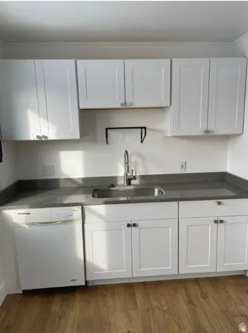 Kitchen featuring white shaker-style cabinetry, dark speckled countertops, a stainless steel sink with a gooseneck faucet, a white dishwasher, and wood-finish flooring