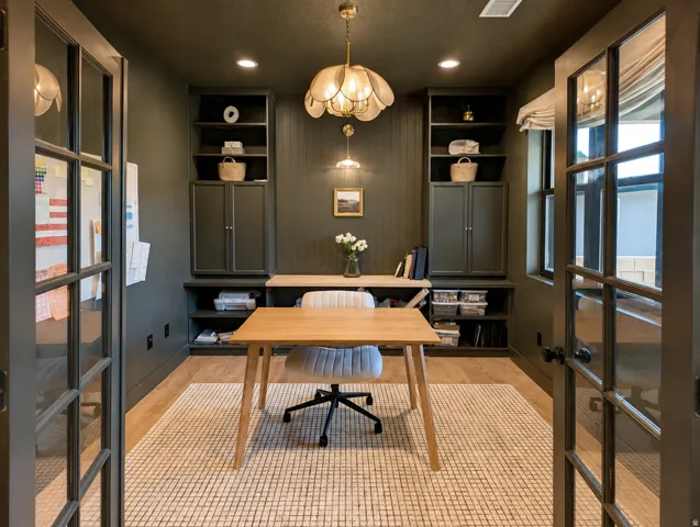 French doors with individual panes, built-in cabinetry with open shelving, wood-finish flooring, and a decorative ceiling light fixture