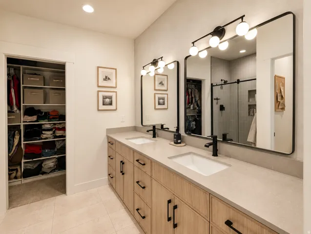 Dual vanity with integrated sinks, light wood-finish cabinetry, matte black hardware, and oversized rectangular mirrors