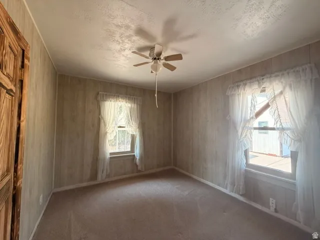 Carpeted room featuring two windows with white lace curtains, wood-paneled walls, and a ceiling fan with light fixture