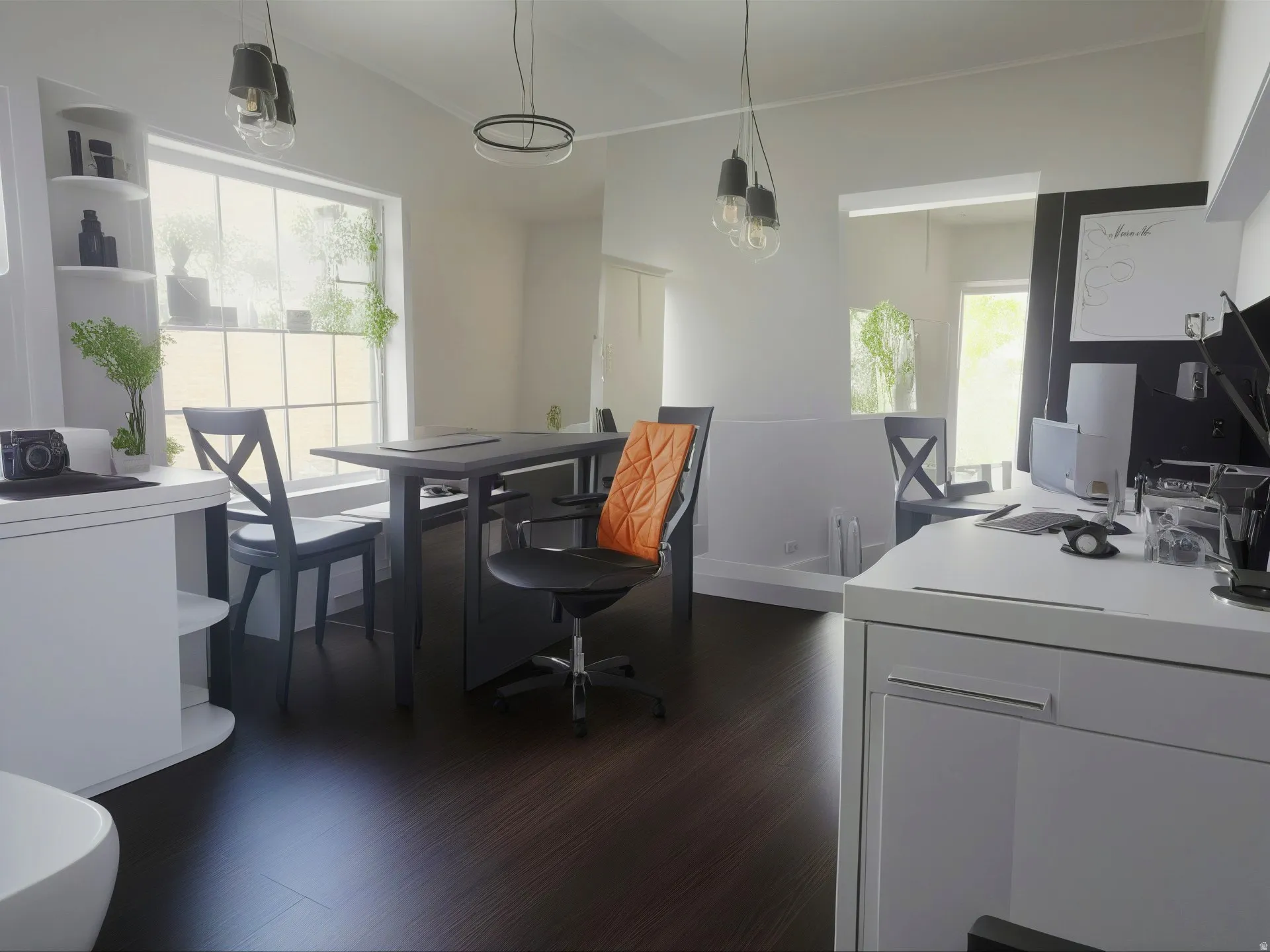 Dark wood-finish flooring complements the light wall color
