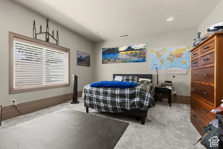 Room featuring light gray walls, gray carpeting, and white window blinds