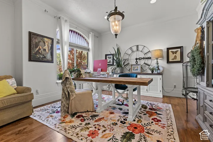 Spacious room featuring hardwood flooring, a large arched window with decorative glasswork, classic crown molding, and a built-in storage cabinet with a dark wood countertop