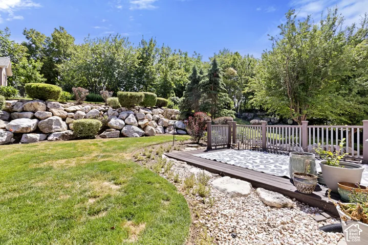 Outdoor living area featuring a multi-level deck with a patterned outdoor rug, white and brown railings, and dark wood-finish decking
