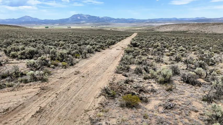 Expansive desert landscape with a clear dirt road, low-lying brush, and distant mountains under a blue sky with scattered clouds
