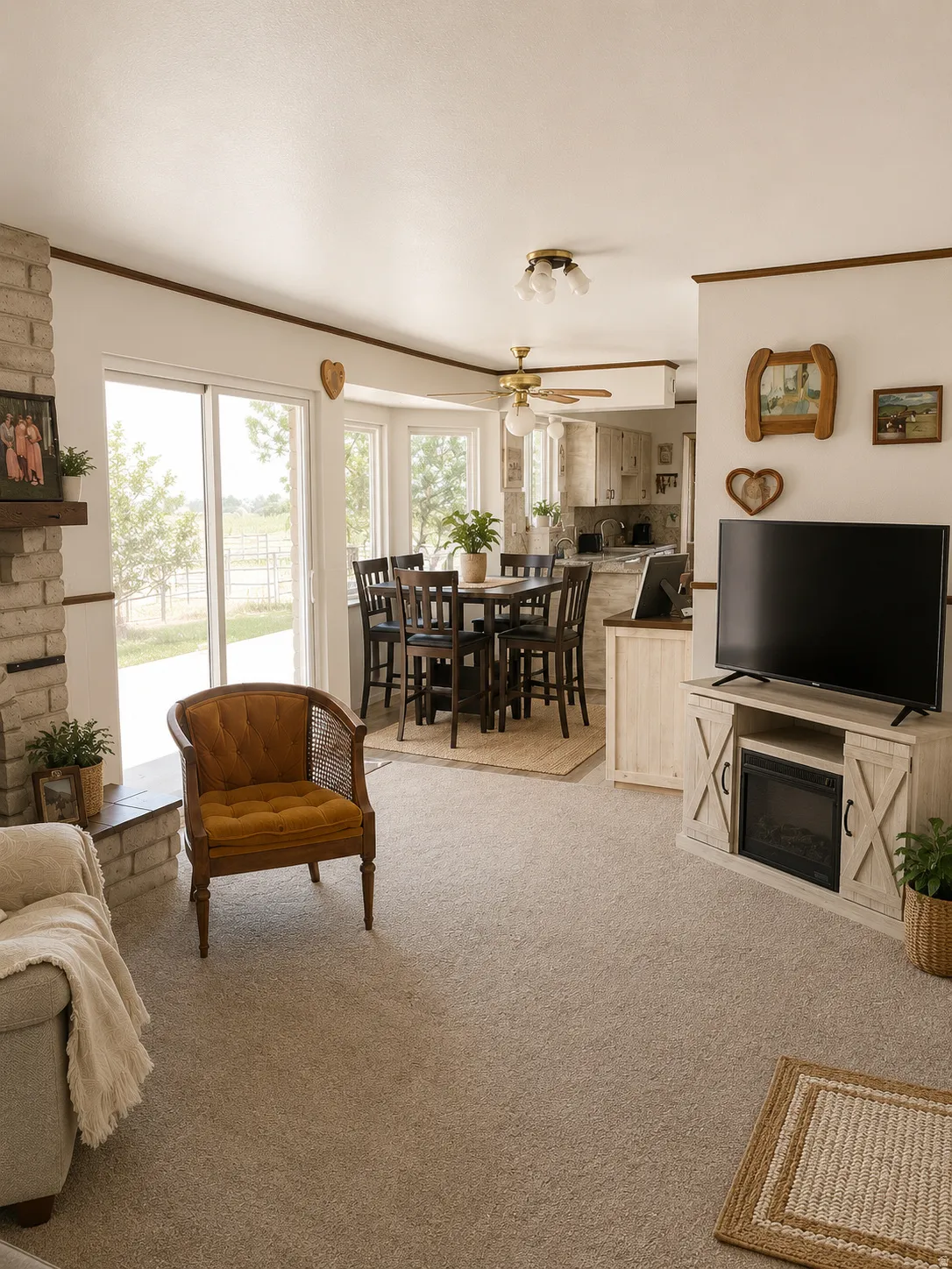 Living area with light-colored carpeting and a stone-clad fireplace