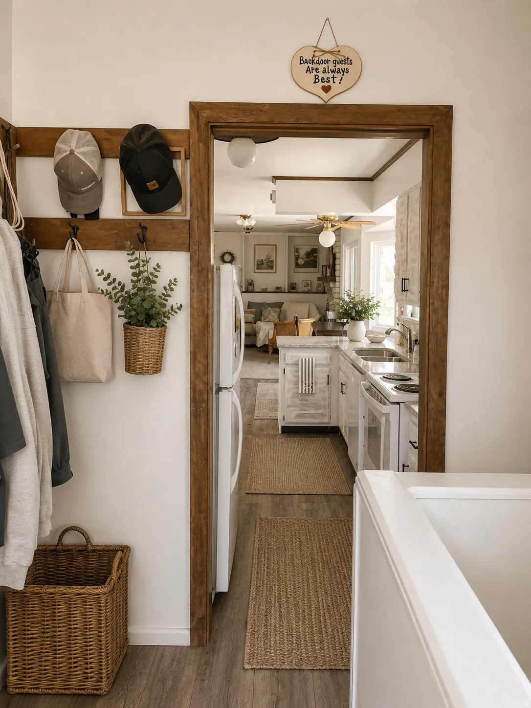 Wood-finish flooring throughout, with a wood-framed doorway leading to a kitchen featuring white cabinetry, a built-in refrigerator, and a stainless steel sink