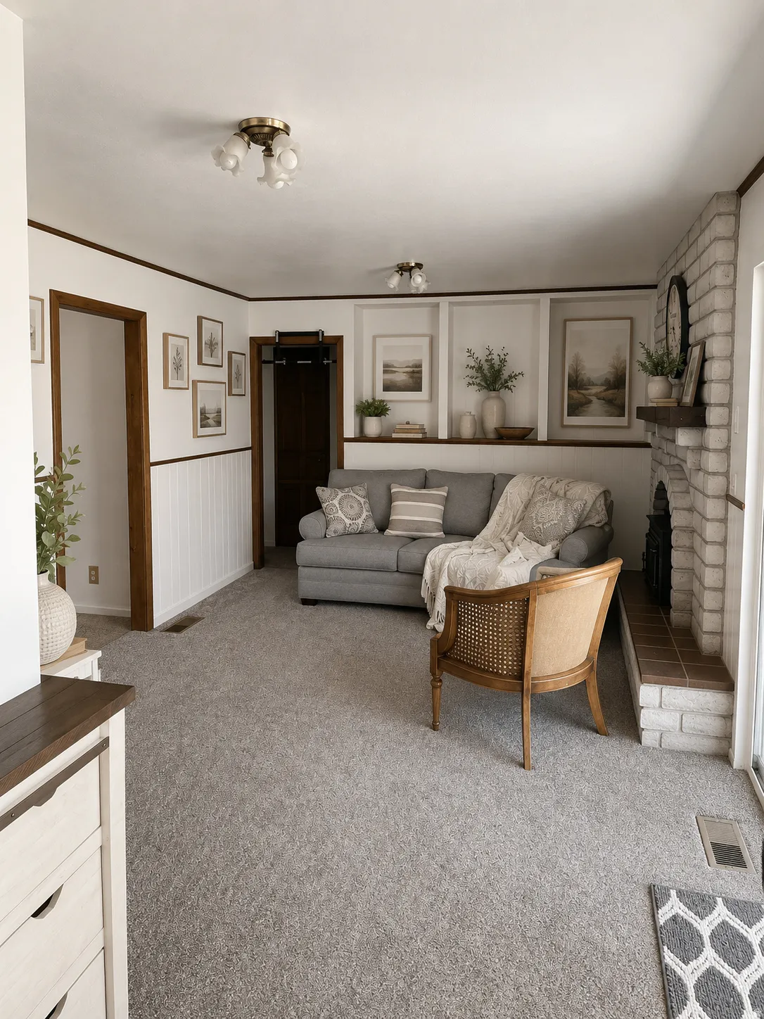 Bright living area featuring neutral carpet flooring, white shiplap wall paneling with dark wood trim accents, and recessed ceiling lighting