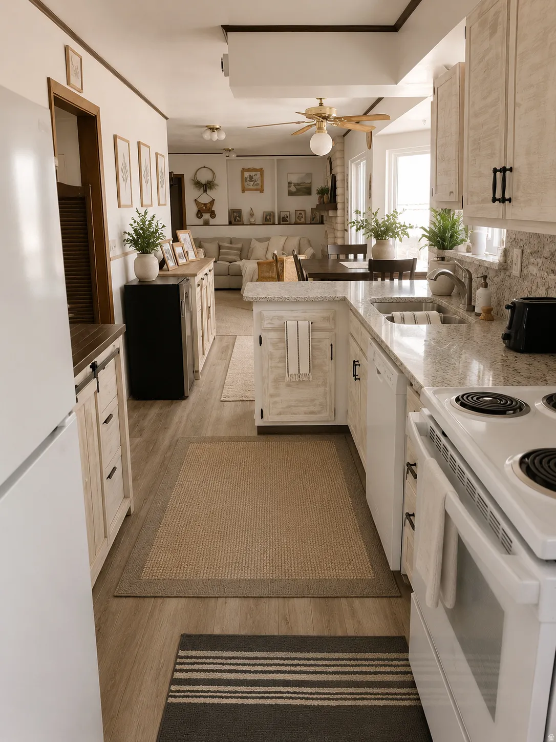 Kitchen featuring white cabinetry with dark hardware, granite countertops, an undermount sink, and wood-finish flooring