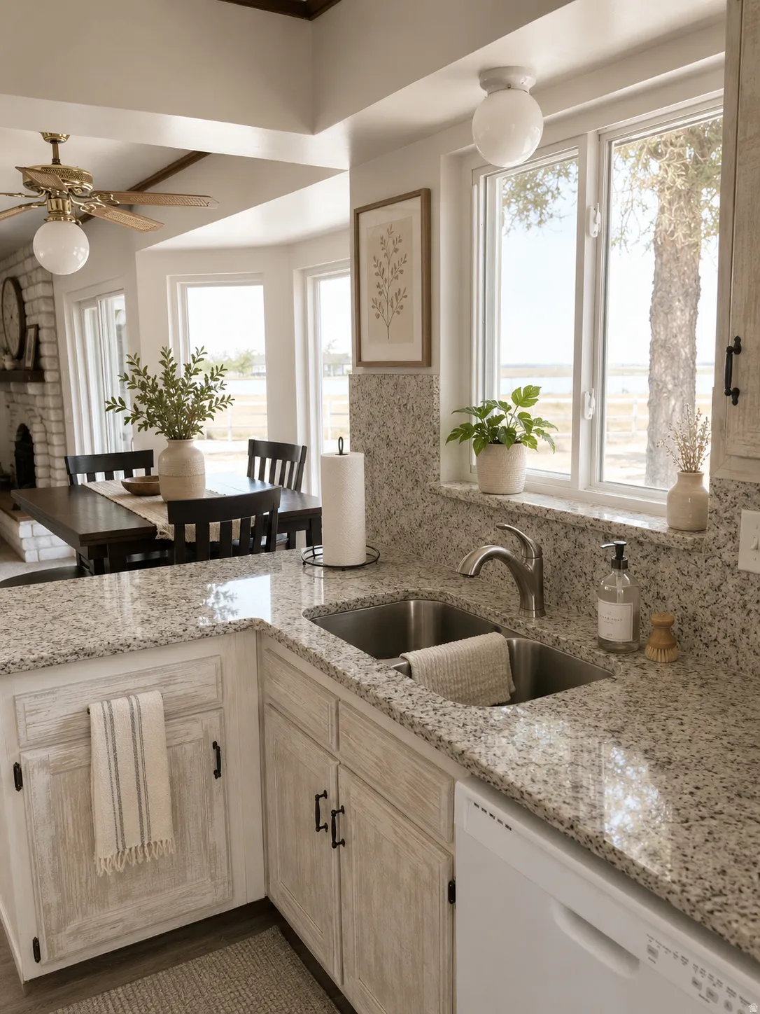 Bright kitchen featuring dual undermount sinks with polished nickel faucetry, speckled quartz countertops, and whitewashed cabinetry with oil-rubbed bronze hardware