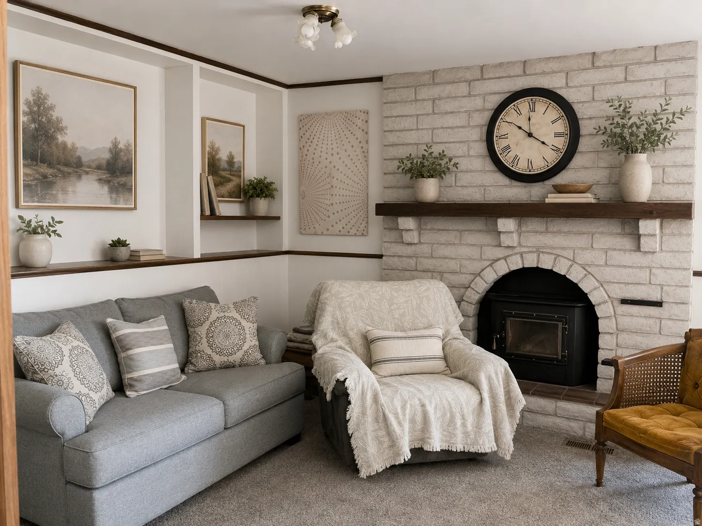 White brick fireplace with an arched hearth and a dark wood mantel