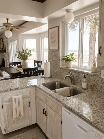 Bright kitchen featuring dual undermount sinks with polished nickel faucetry, speckled quartz countertops, and whitewashed cabinetry with oil-rubbed bronze hardware