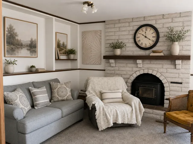 White brick fireplace with an arched hearth and a dark wood mantel