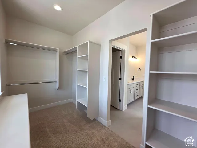 Built-in shelving, hanging rods, recessed ceiling lighting, and carpet flooring