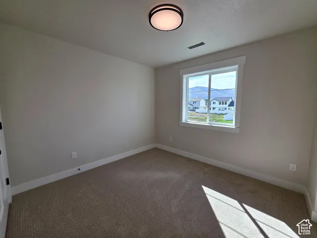 Neutral-toned carpeted flooring, white trim, and a flush-mount ceiling light fixture