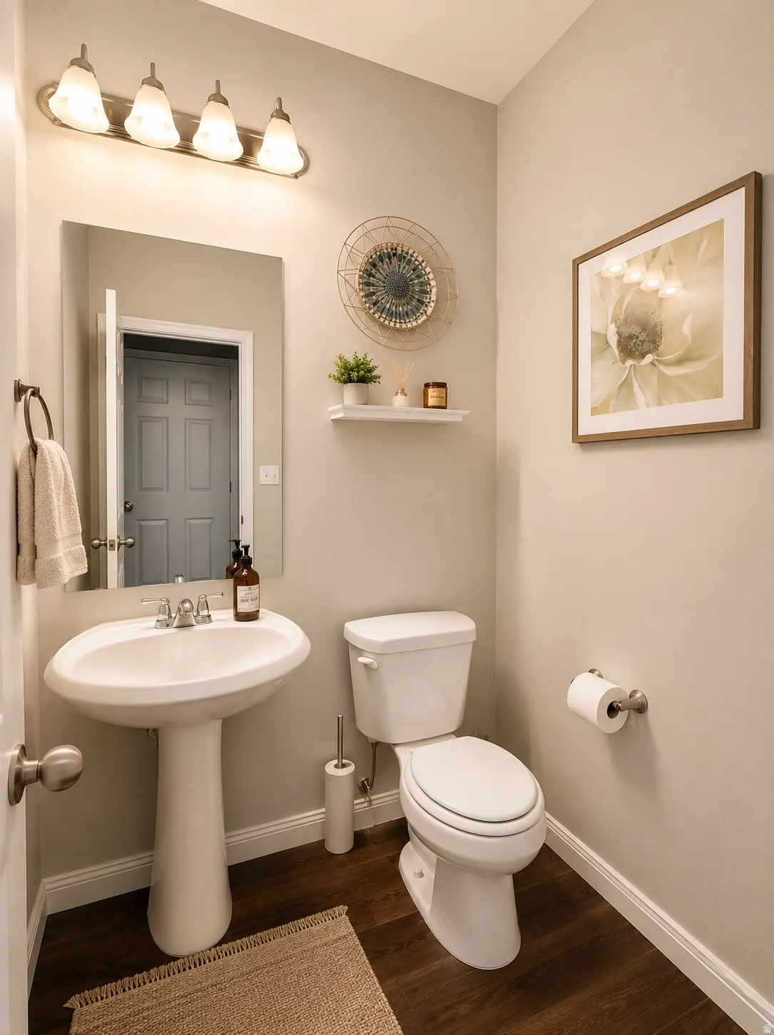 Powder room featuring a pedestal sink, white toilet, brushed nickel fixtures, wood-finish flooring, and a wall-mounted vanity light