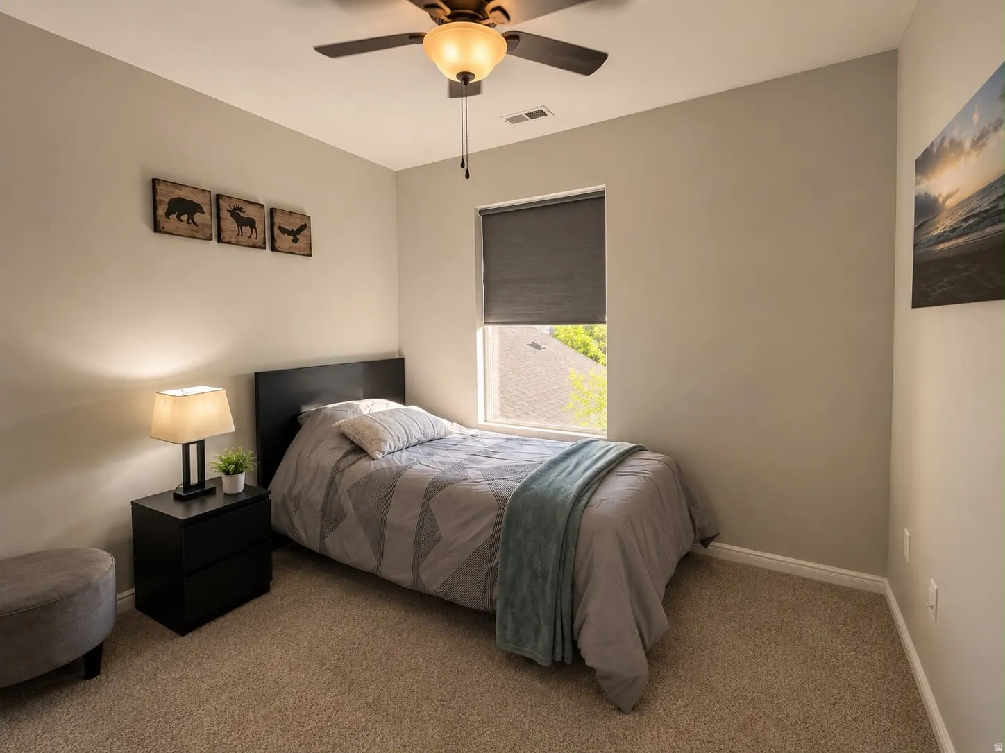 Carpeted room featuring a single window with roller shade, neutral wall paint, and a ceiling fan with integrated lighting