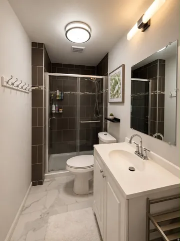 Bathroom featuring a white vanity with integrated sink, chrome faucet, and rectangular mirror