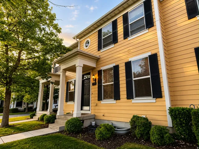 Yellow siding exterior featuring a covered porch entry with white columns and a black front door