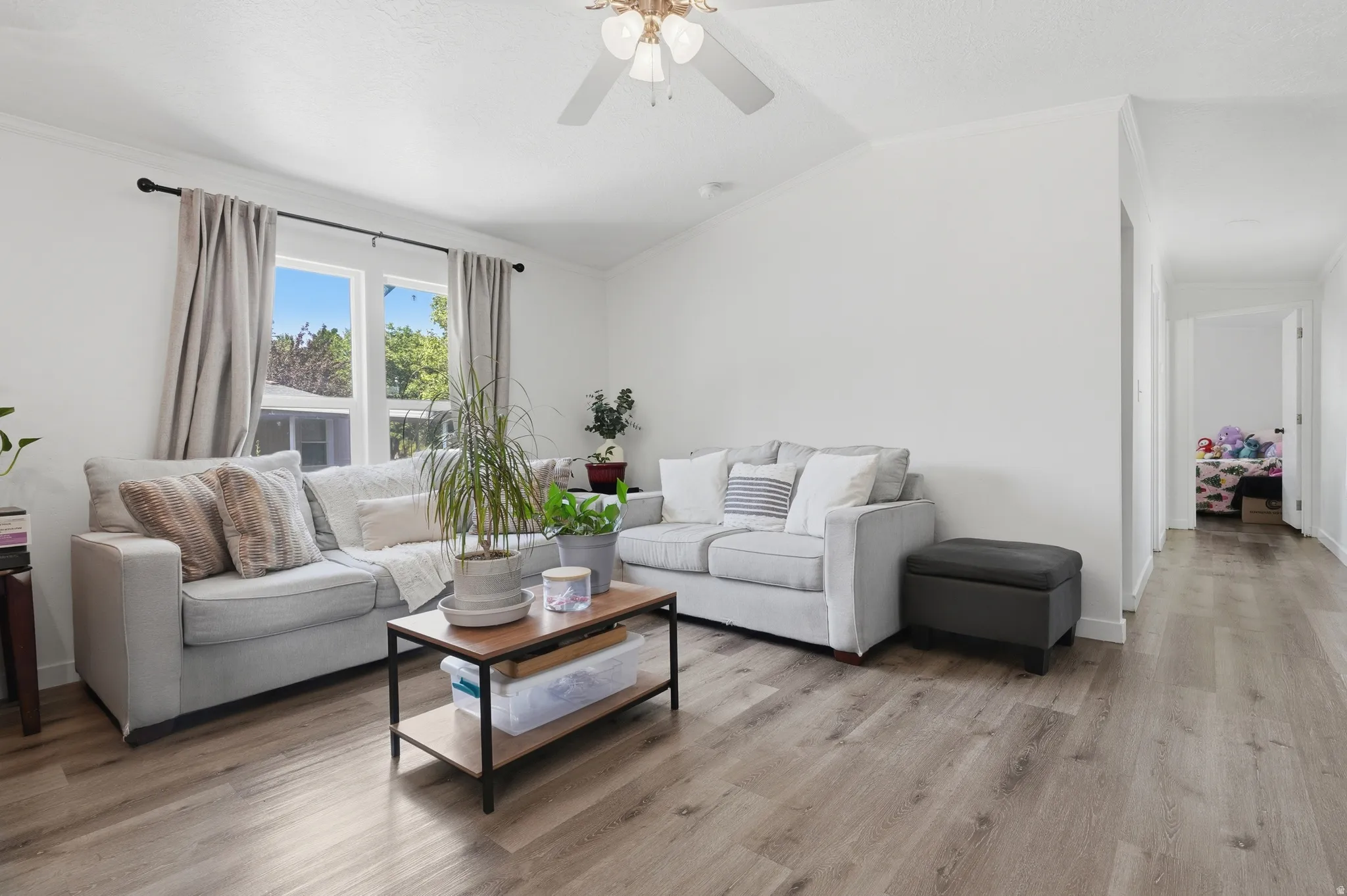 Living area featuring wood-finish flooring and a vaulted ceiling