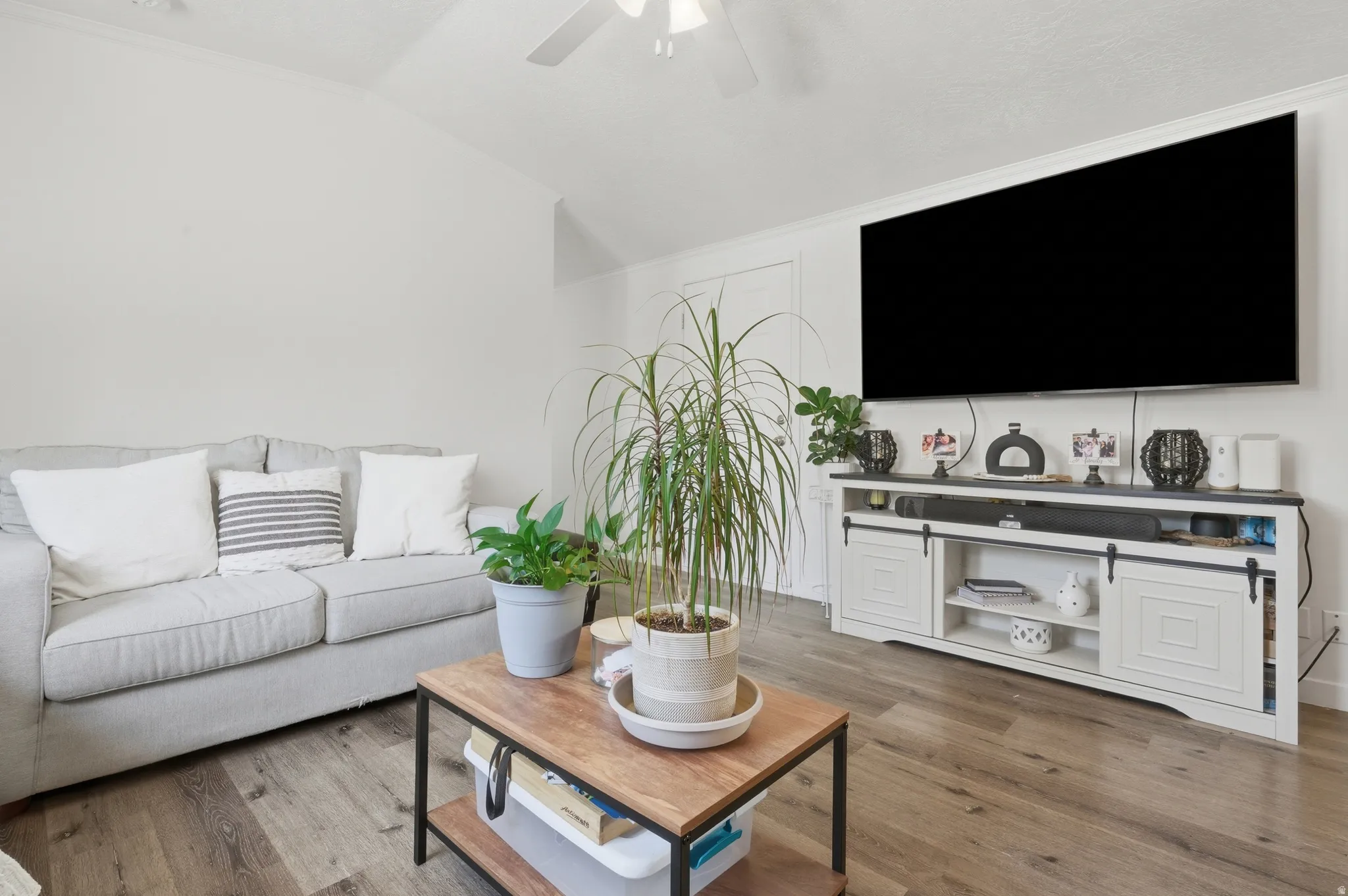 Living area featuring vaulted ceilings, wood-finish flooring, and a white media console with sliding barn-door style fronts