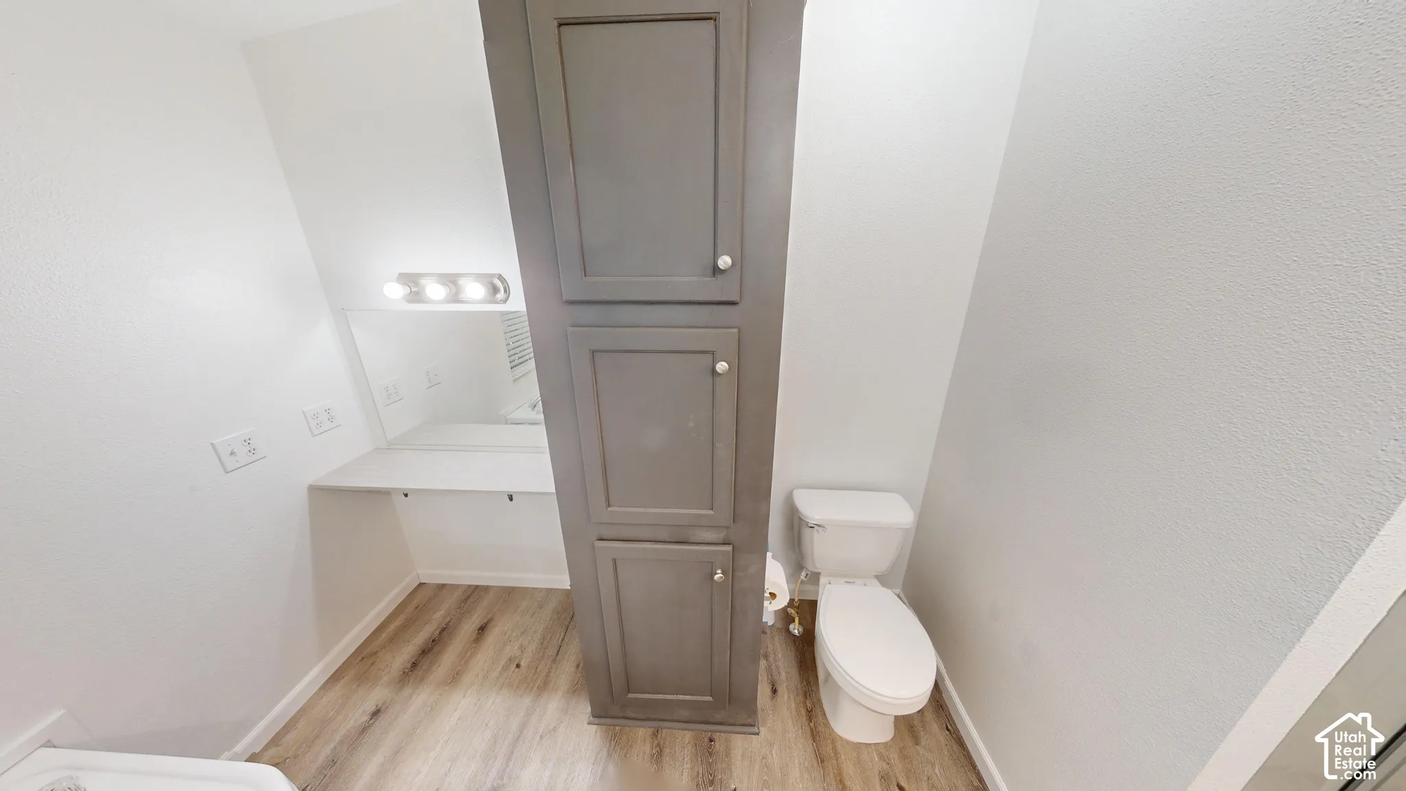 Compact bathroom featuring wood-finish flooring, a white toilet, and a built-in vanity area with a mirror and three-bulb lighting fixture