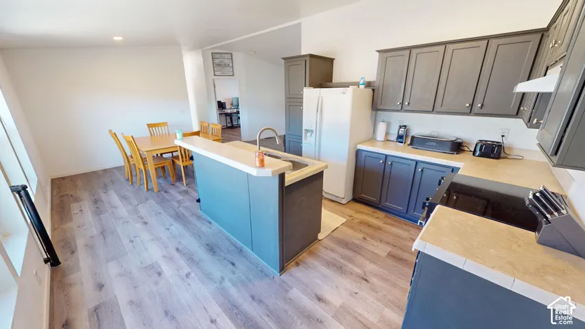 Kitchen featuring grey cabinetry, light countertops, wood-finish flooring, a built-in cooktop, and a stainless steel kitchen sink