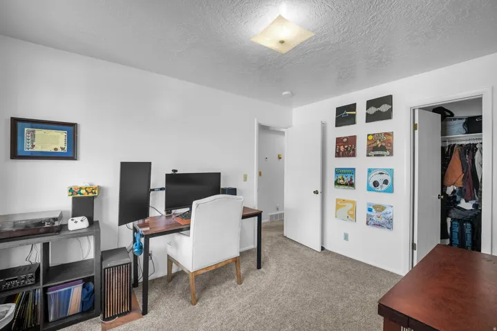 Carpeted room featuring a ceiling-mounted light fixture, white walls, a built-in closet with shelving, and a solid door
