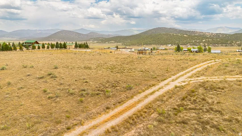 Expansive open terrain with a visible dirt road, featuring distant structures and scattered evergreen trees