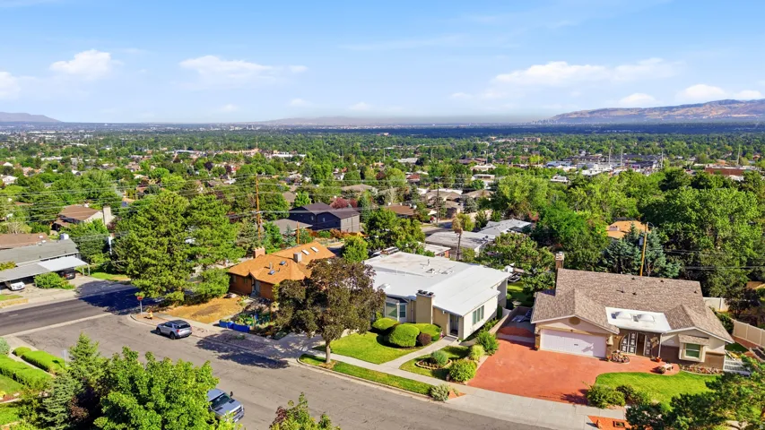 Aerial perspective showcasing a residential street with mature landscaping and distant mountain ranges