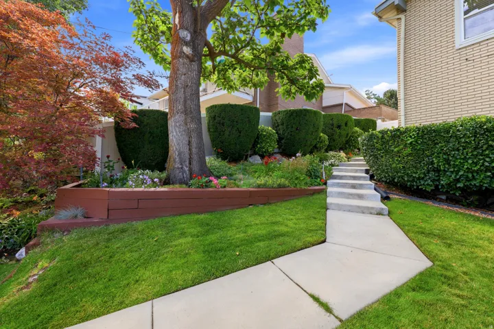 Manicured landscaping featuring a mature tree, vibrant foliage, and planted flowerbeds