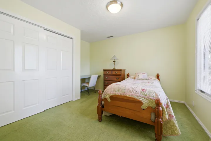 Bedroom featuring light green carpeting, pale yellow walls, a ceiling-mounted light fixture, and a window with horizontal blinds